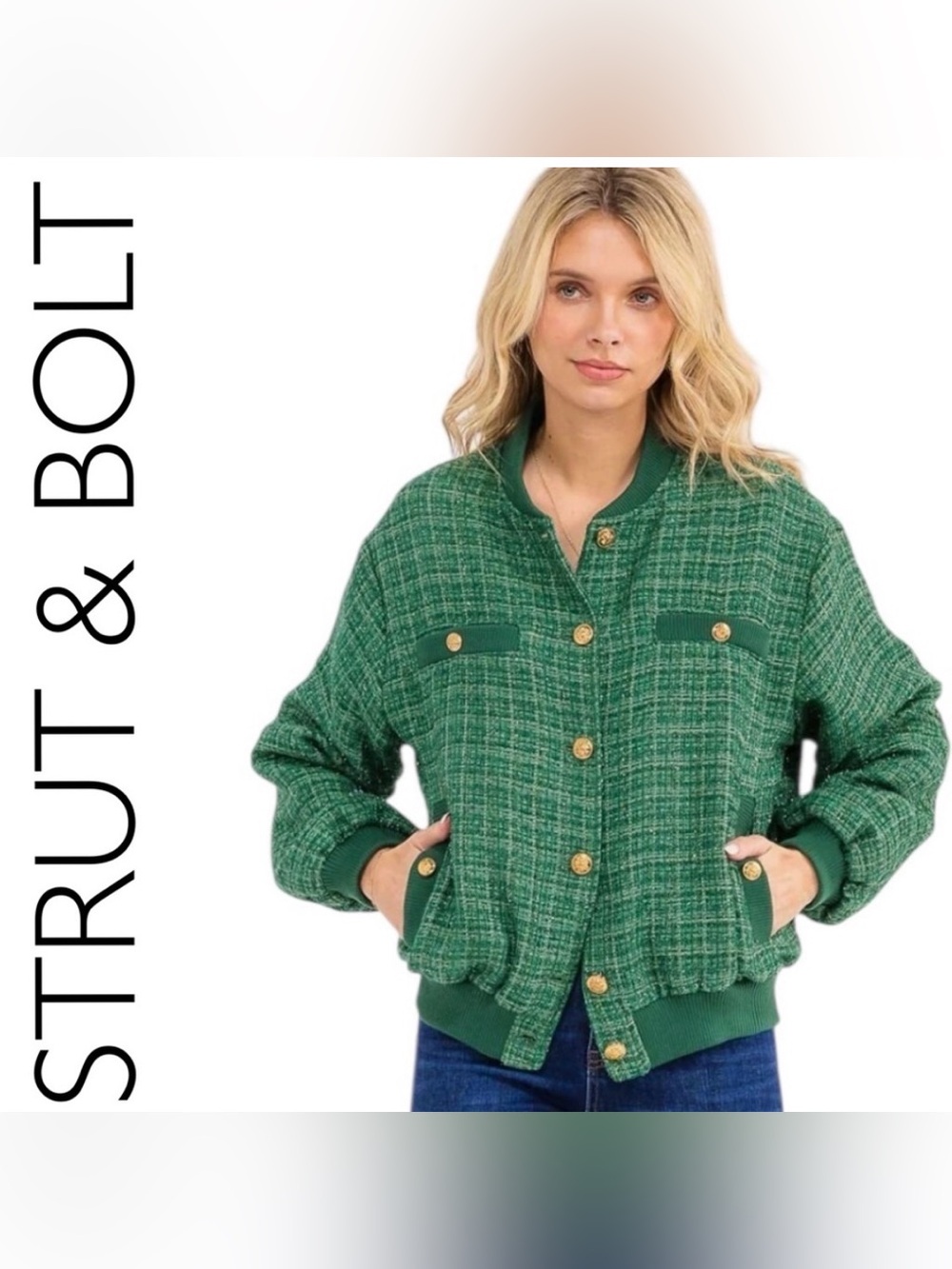 Strut & Bolt NWT Green Tweed Bomber Jacket Plaid Green Medium